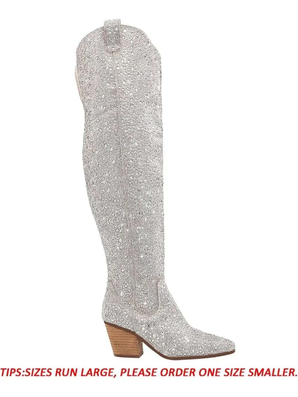 Stylish Black Thigh High Cowboy Boots for Women - Rhinestone Pointed Toe, Chunky